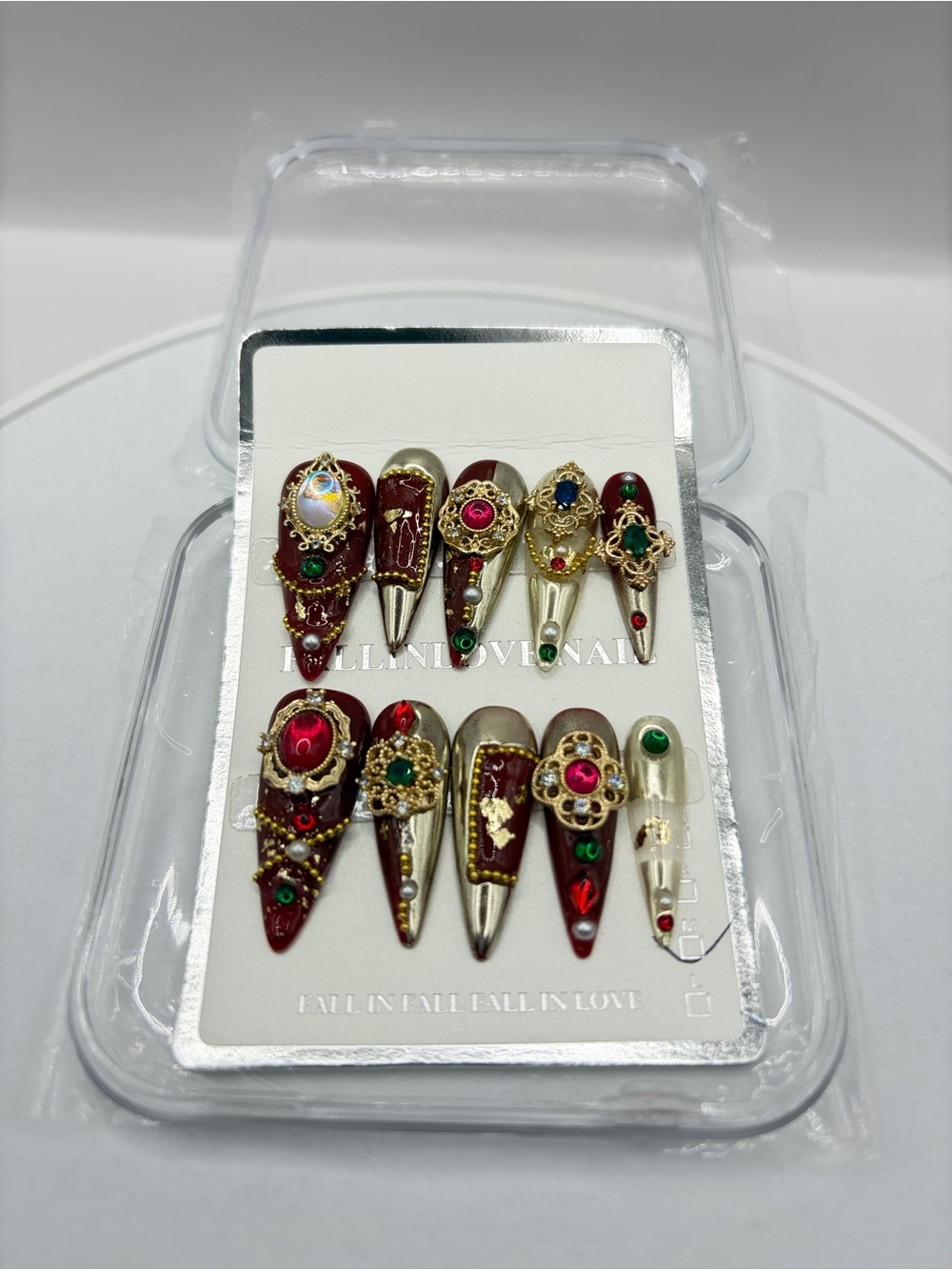 Y2K  Handmade Luxurious Red and Gold Jewel-Embellished Stiletto Press-On Nails